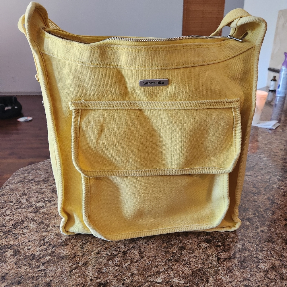 RARE= Vintage Samsonite Canvas Carrying Tote Bag Yellow Top Handle and Zipper